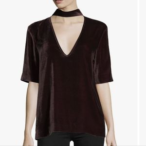 Theory Maroon Women's Chic Split V-Neck Short Sleeve Velvet Top. Size L